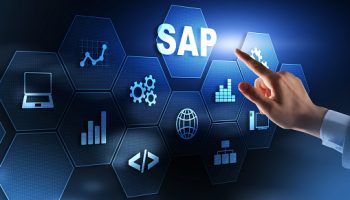 SAP System Software Automation concept. Businessman presses virtual button SAP.